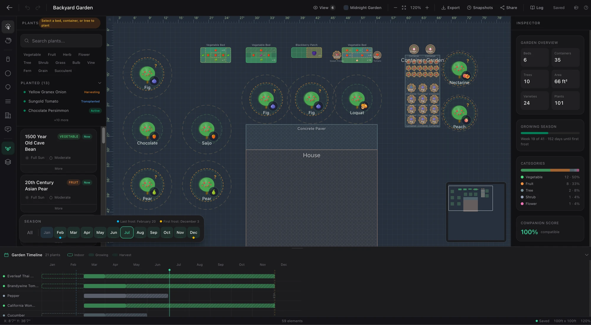 The Verdantly garden designer in dark mode: plant library, yard canvas, inspector with garden overview and companion score, and the embedded garden timeline